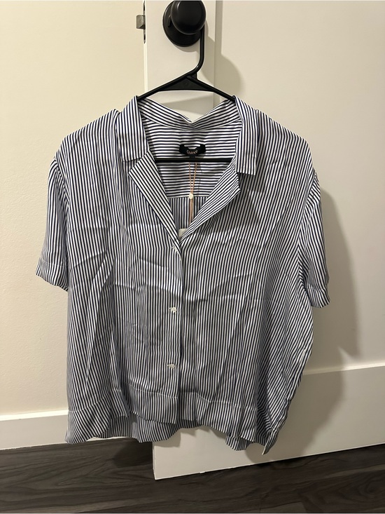 Quince Tops - Quince Navy Striped Washable Stretch Silk Short Sleeve Notch Collar Blouse (NWT)